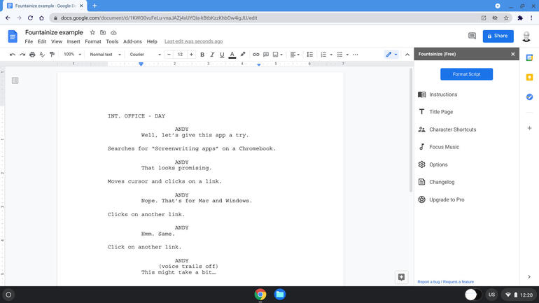 Screenshot of Google Doc with Fountainize Add-on options (right-side of screen) that include Instructions, Title Page, Character Shortcuts, Focus Music, Options, Changelog, and Upgrade to Pro.