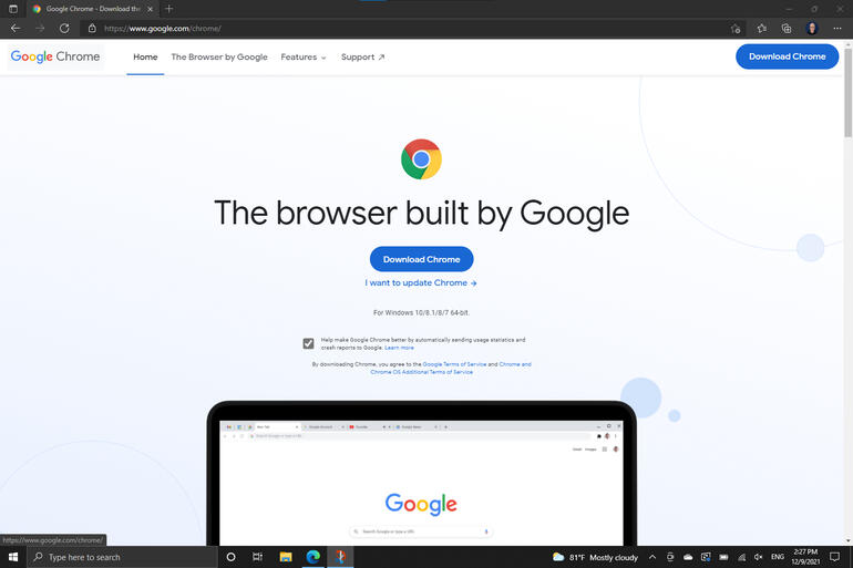 Screenshot of Google Chrome download page in Microsoft Edge on Windows. Indicates 