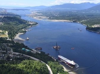 A aerial view of Kinder Morgan's Trans Mountain marine terminal, in Burnaby, B.C., is shown on Tuesday, May 29, 2018. The Trans Mountain pipeline is set to restart Monday following a three-week precautionary shutdown in response to record-setting rainfall, devastating flooding and landslides in British Columbia last month. THE CANADIAN PRESS Jonathan Hayward