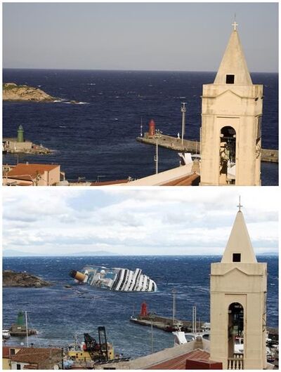 This two-photo combo shows from the top, part of the harbor of the Tuscan tiny island of Isola del Giglio, Italy, on Wednesday, Jan. 12, 2022, and the same spot on Wednesday, Feb. 1, 2012, with the shipwrecked hulk of the cruise ship Costa Concordia. Italy on Thursday, Jan. 13, 2022, is marking the 10th anniversary of the Concordia disaster with a daylong commemoration, honoring the 32 people who died but also the extraordinary response by the residents of Giglio who took in the 4,200 passengers and crew from the ship on that rainy Friday night and then lived with the Concordia carcass for another two years before it was hauled away for scrap. (AP Photo/ Andrew Medichini and Pier Paolo Cito)