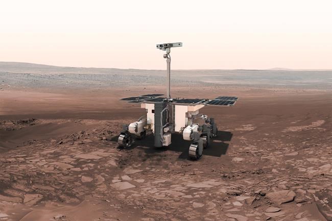 FILE - This illustration made available by the European Space Agency shows the European-Russian ExoMars rover. The war in Ukraine is causing a swift and broad decaying of scientific ties between Russia and the West. Europe's space agency is wrestling with how its planned Mars rover might survive freezing nights on the Red Planet without its Russian heating unit. (European Space Agency via AP, File)