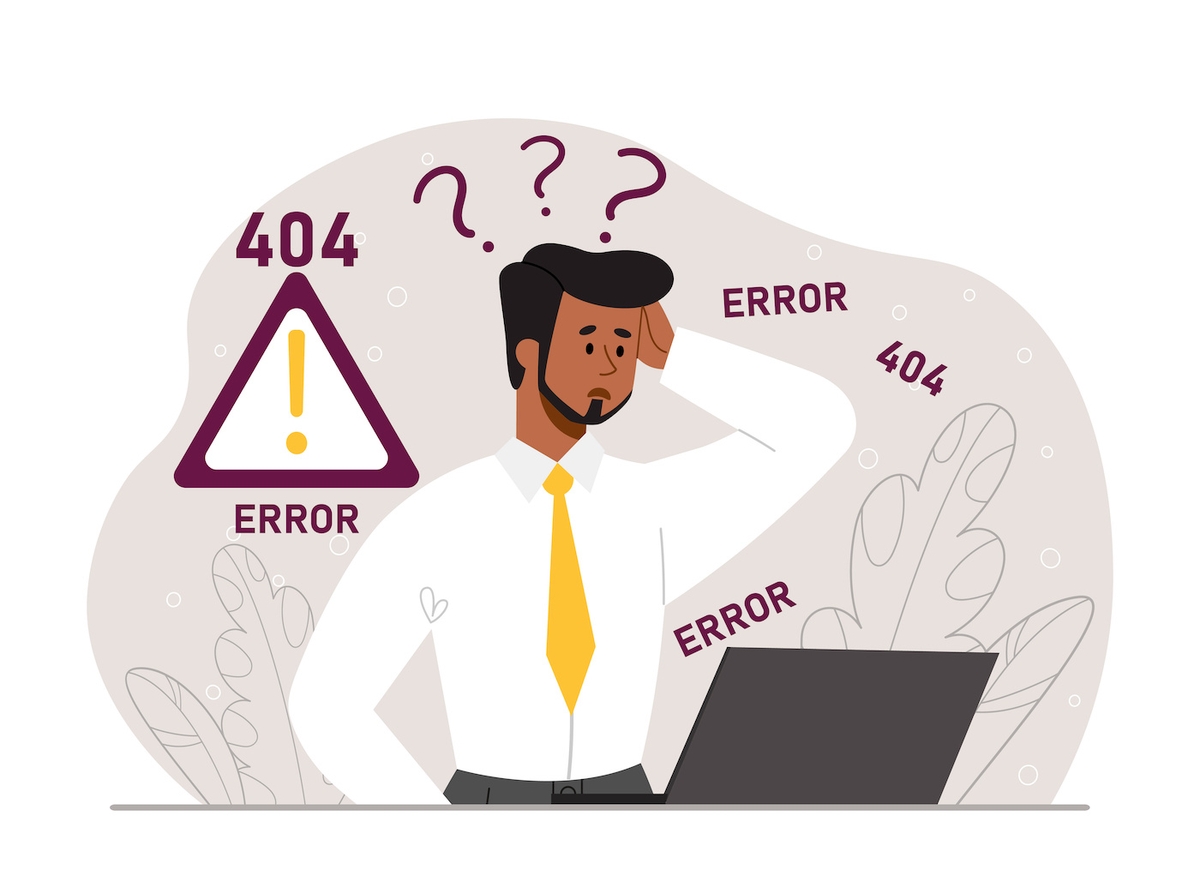 Device error concept. Man sitting at laptop, trying to solve problems. Technical support, modern technologies, gadgets and devices. Error 404, non existent page. Cartoon flat vector illustration